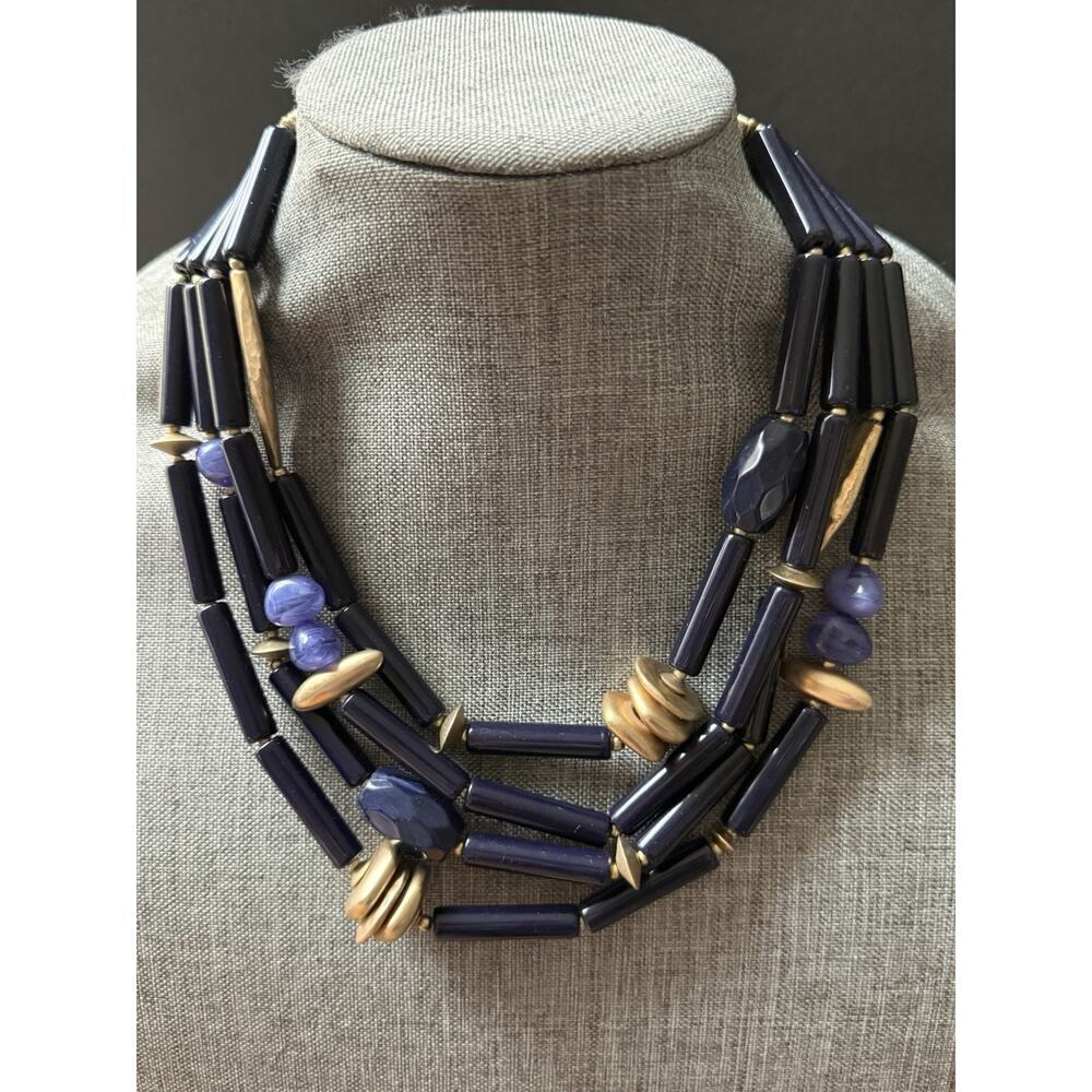 Chicos Hannah Necklace Multi Strand Blue Gold Chunky Maximalist Layered Bohemian